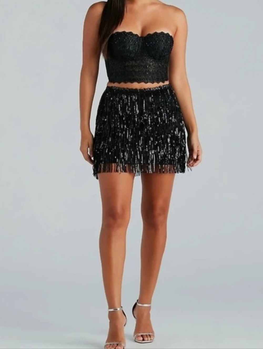 Black Silver Metallic Fringe Skirt